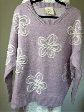 Fantastic Fawn Lavender Crewneck Sweater with White Floral Appliqués